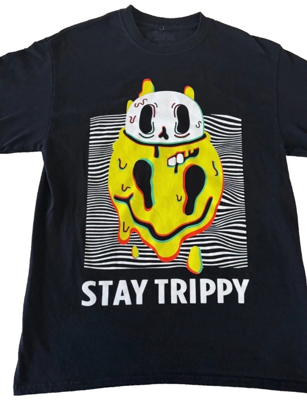 Stay Trippy Graphic Tee - Black with Neon Skull Melt